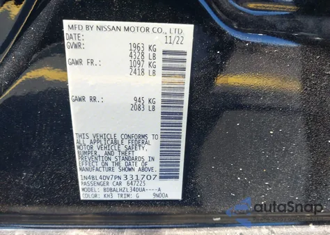 2023 Nissan Altima Sv Fwd из США, поврежденный, VIN 1N4BL4DV7PN331707